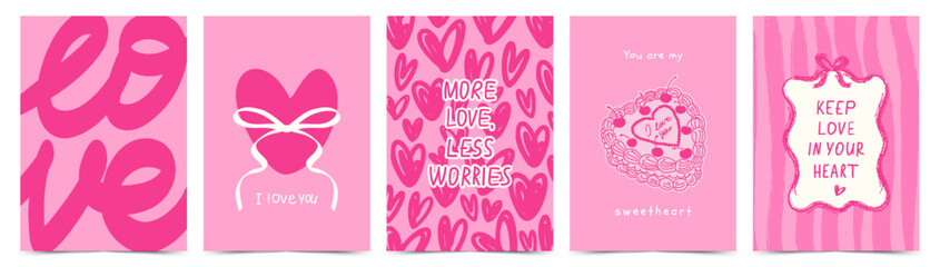 Valentine’s Day greeting card set with hand drawn pink hearts, handwritten love phrases, bow, cake, whimsical frame. Modern romantic template for poster, invitation, branding, banner, cover, ads