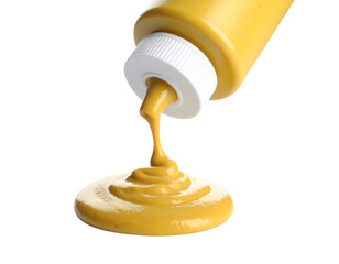 Mustard Bottle Pouring on White Background Isolated
