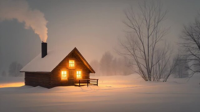 Zooming camera bringing wooden cabin closer in snowy field, revealing glowing windows and smoke