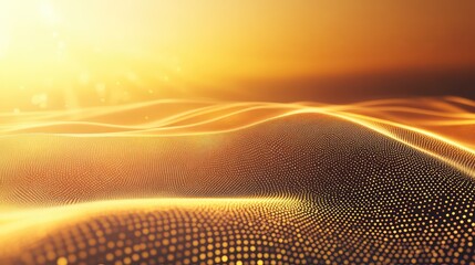 Grid surface creating undulating bright waves, representing data flow, technological connectivity, and futuristic concepts under a warm, glowing light