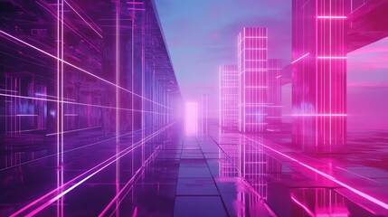 Digital landscape featuring towering buildings and a reflective floor illuminated by vibrant pink and purple neon light traces, creating a retrofuturistic urban environment
