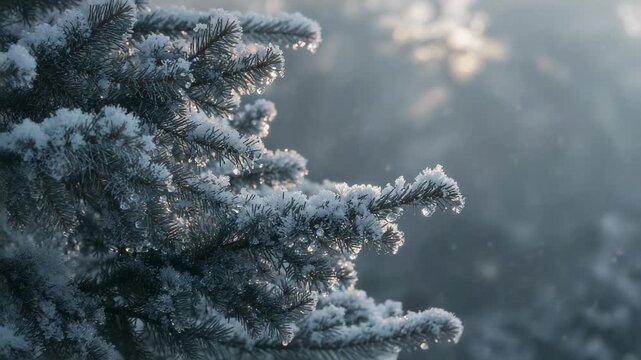 Glinting hoarfrost conifer branch catching sunlight in forest, melting droplets forming on twig tip