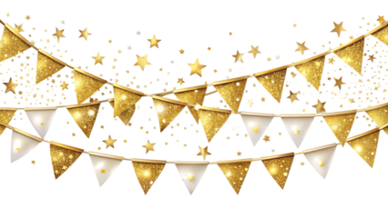 Festive PNG banner with shiny gold bunting, flags, stars, garlands. birthday or Christmas party decoration, luxury celebration, or invitation overlay transparent background