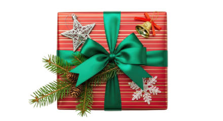 A red and green striped gift box with a green bow and festive decorations on a white background.
