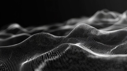 Digital particles on a dark background creating an abstract undulating wave surface, symbolizing data flow, network connections, and futuristic technology with a sense of movement and depth