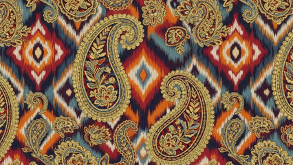 Intricate Paisley Pattern with Vibrant Ikat Geometric Background. © Ale