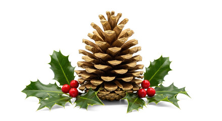 A pine cone with holly leaves and red berries on a white background.