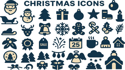 Minimalist Christmas Line Icon Set: Two-Tone Outline Symbols for Clean UI/UX and Holiday Design