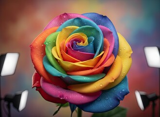 Close up of a vibrant rainbow colored rose with water droplets studio lighting and blurred colorful background