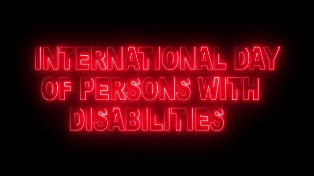Glowing neon red color international day of person with disabilities icon animation on black background.4k motion video animation.
