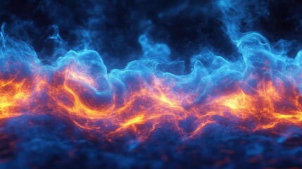 Vibrant blue and orange particle streams form a flowing wave of energy, contrasting hot and cold elements with glowing plasma, dynamic motion and futuristic digital texture
