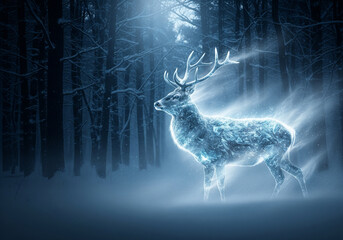 Mystical glowing deer spirit creature standing in a dark, snowy winter forest.