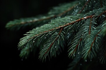Close-up of spruce needles with water droplets on dark background