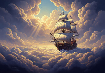 Surreal illustration of an antique sailing ship floating above majestic clouds in a bright, ethereal sky