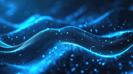 Abstract digital wave consisting of glowing blue particles creating a dynamic visual representation of data flow, network connectivity, and technological concepts