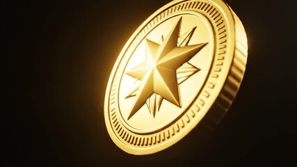 Close-up Overhead View of Intricate Gold Coin with Eight-Pointed Star Design on Black Background