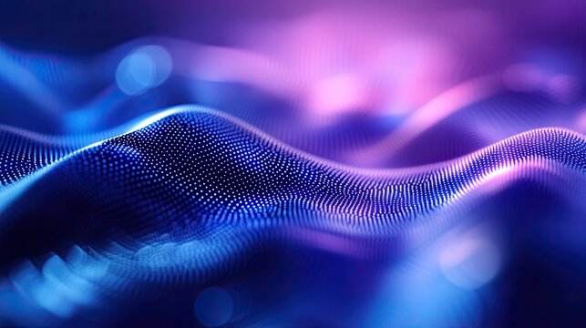 Digital wave particles are forming a shimmering abstract network background, visualizing interconnected data and innovative technology concepts in vibrant blue and purple light