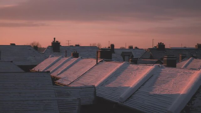 Grazing low sun casting pink-orange bands across snowy terraced rooftops at sunrise, with chimneys