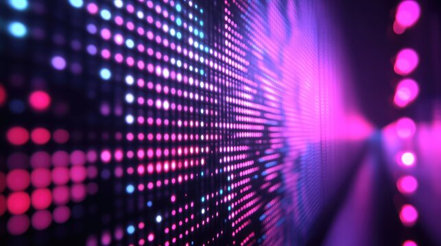 Led screen mosaic displaying colorful glowing pixels, forming an abstract digital background with vibrant pink, purple, and blue light effects, symbolizing data technology and modern connectivity - Powered by Adobe