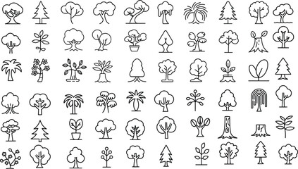 Tree Line Icon Set with Oak, Pine, Palm, Maple, Birch, Apple Tree, Coconut Tree, Christmas Tree, Bonsai and Forest Tree. Outline Vector Icons