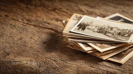 A stack of vintage photographs arranged on a rustic wooden surface, evoking nostalgia and history