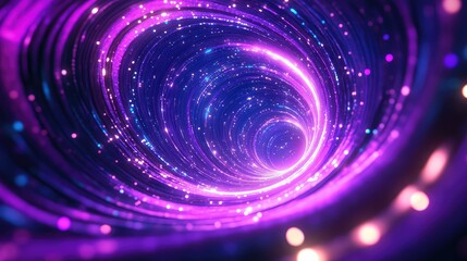 Glowing purple blue light tunnel of streaming digital particles and lines forming a dynamic vortex, symbolizing high speed data transfer, connectivity, cyberspace and future tech