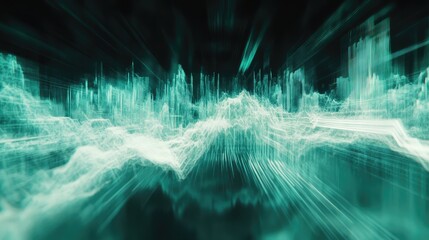 Abstract digital landscape shows technological data visualization with glowing lines and shapes forming a futuristic cityscape, representing innovation, communication, and information flow