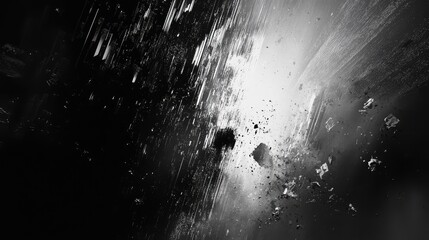 Abstract background creating a dynamic visual effect with black and white elements impacting and scattering across the frame, generating speed and motion