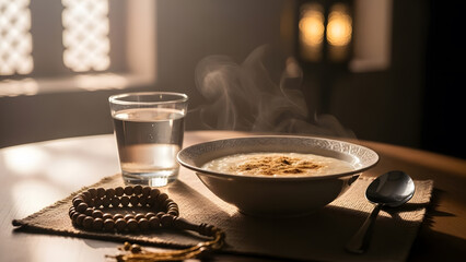 Steaming bowl of oatmeal porridge with glass of water and rosary beads on table in warm ambient light
