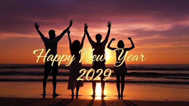 Happy New Year 2029 - Celebrating Together on a Beautiful Beach Sunset.