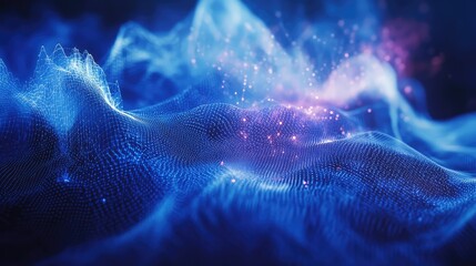 Abstract blue digital landscape featuring a complex network grid with glowing particles, visualizing data communication, science, and futuristic technology concepts