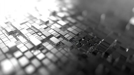 Abstract grid of shimmering metallic blocks and small particles creating a complex technological background, representing data processing and computing infrastructure