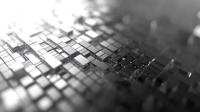 Abstract grid of shimmering metallic blocks and small particles creating a complex technological background, representing data processing and computing infrastructure - Powered by Adobe
