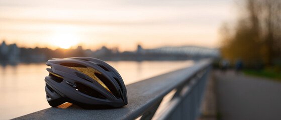 Black bicycle helmet resting on concrete railing near waterfront during sunset with blurred cityscape and bridge in background