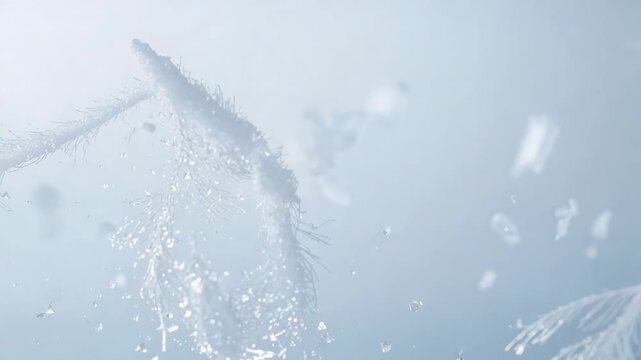 Tilting frosted plant stem shedding droplets and ice crystals in macro shot, gravity pulling