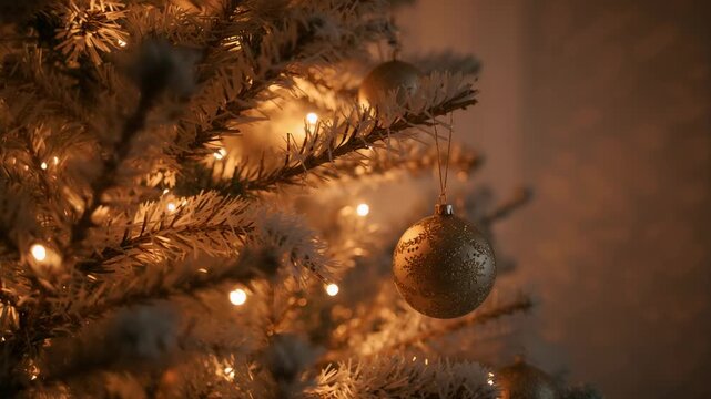 Swaying frosted branch holding gold bauble and warm string lights from gentle draft in living room