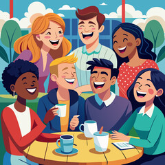 Diverse group of friends laughing at a caf&eacute;, clean vector style.