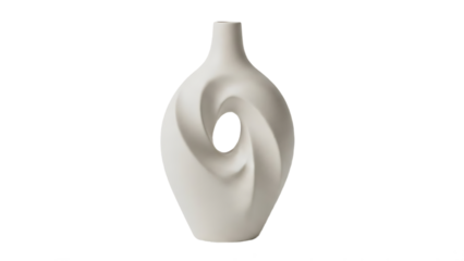 Modern abstract white ceramic vase with a unique twisted design a sculptural home decor object for interior design and styling isolated on a white background