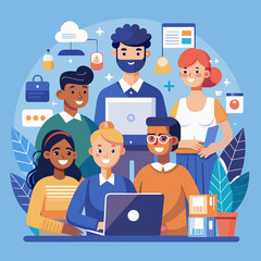 Modern office team collaboration vector in flat design, diverse characters, clean layout.