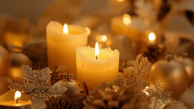 Flickering two pillar candles warming table display as camera shifting focus, revealing wax drips