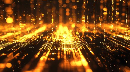 Golden glowing particles and light trails form an abstract digital grid, representing concepts of data stream, future technology, and information transfer within a connected network