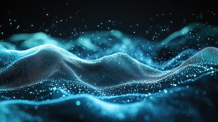 Data particles forming an abstract undulating grid surface with light sparks, representing digital network connections, information flow, and technology concepts