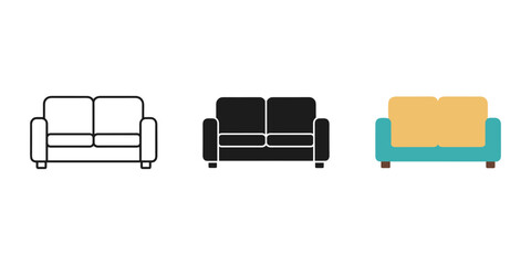 Three different styles of sofa icons for furniture and living room design concepts
