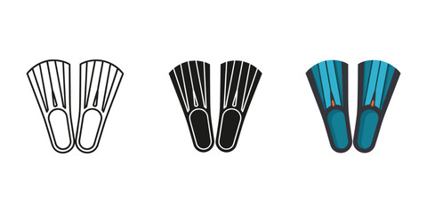 Swim fins icon set showing outline, solid black, and colorful designs for water sports