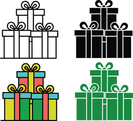 Stack of colorful gift boxes with ribbons in outline and solid color variations multicolor