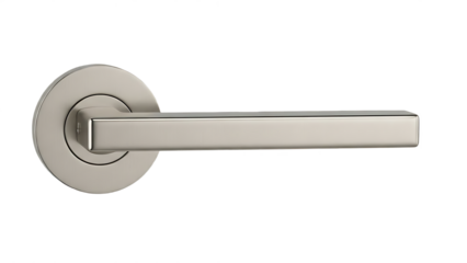Modern brushed nickel door handle set contemporary lever design for interior doors isolated on white background for architectural visualization