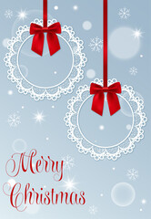 Christmas Background with Red Bows, Hanging, Festive Background, Holiday Decoration, Snowflakes, Glowing Stars and Bokeh, Merry Christmas, Vector
