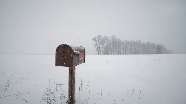 Panning camera showing weathered mailbox on post in rural field, capturing falling snow and haze