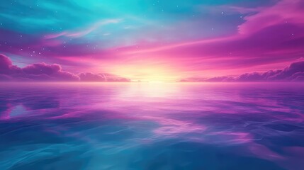 Obraz premium Serene ocean water reflecting a gradient of luminous pink, purple, and blue hues from a celestial sky, creating a tranquil and magical abstract background