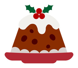 Christmas pudding dessert with holly for holiday food illustrations and festive seasonal designs, PNG with transparent background